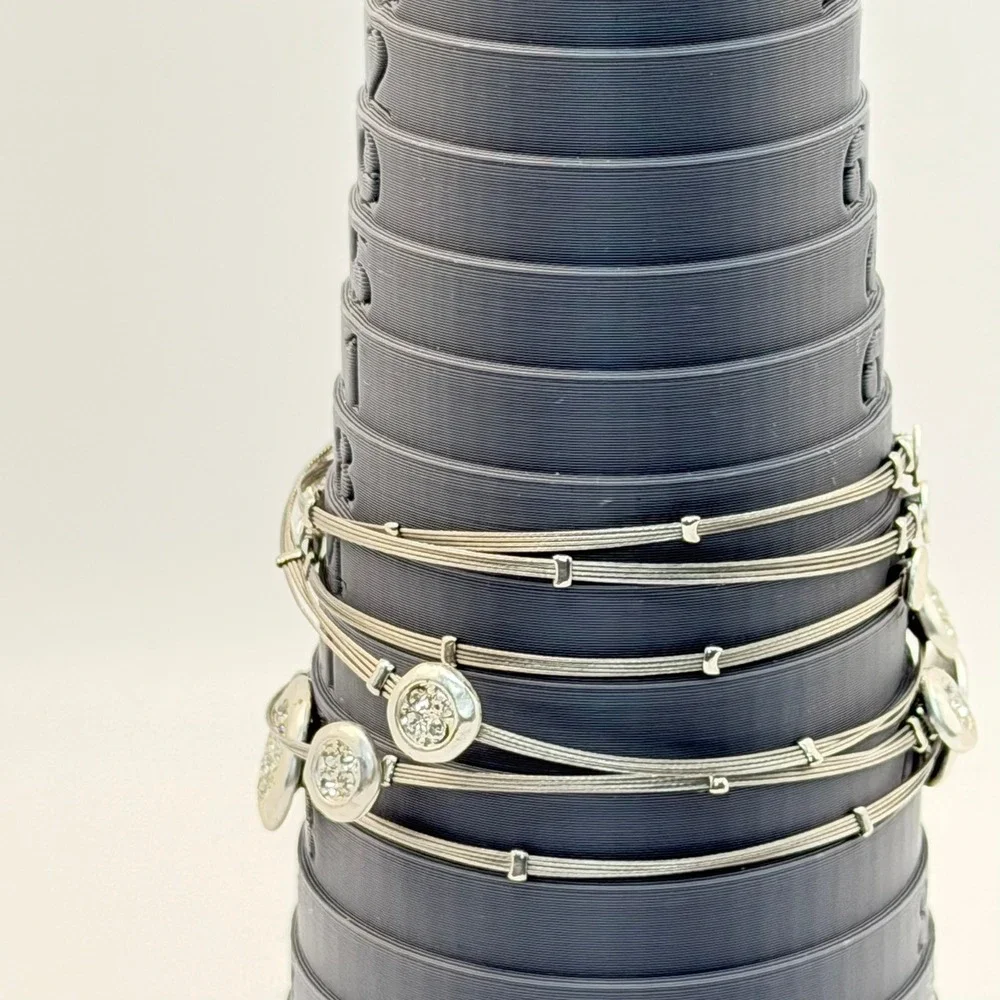 Silver Tone Multi Strand Wire Bangle Set Rhinestone Disc Boho Chic Bracelets
